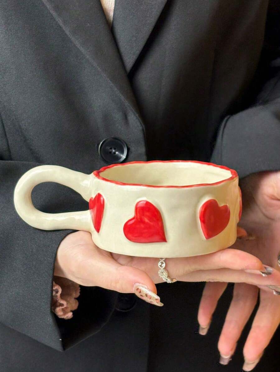 1pc Nordic Style Red Handmade Heart Ceramic Mug, High Quality Latte Coffee Cup, Stylish Home Decor Accessory, Gift For Holidays, Birthdays, Parties, Friends