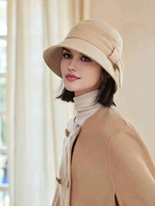 1pc Women Bowknot Warm Bucket Hat, Solid Color Autumn/Winter Retro Elegant Style Wide Brim Bucket Hat, Knitted Beanie Suitable For Casual Outdoor, Autumn/Winter - MM1500 - View 1