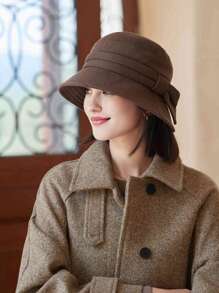 1pc Women Bowknot Warm Bucket Hat, Solid Color Autumn/Winter Retro Elegant Style Wide Brim Bucket Hat, Knitted Beanie Suitable For Casual Outdoor, Autumn/Winter - MM1500 - View 5