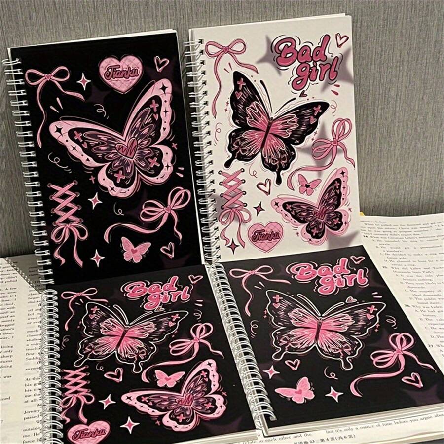 4pcs/Set 480-Page Rose & Butterfly A5 Spiral Bound Notebooks - Personalized Design With Perforated Lines, Perfect For Students & Romantics, Ideal For Journaling, Writing & Creative Expression