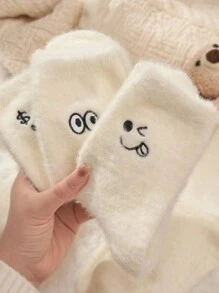 3 Paar weiße Socken für Frauen, warme Plüsch-Thermosocken mit süßen bestickten, witzigen Ausdrücken, zufälliger Stil, Herbst/Winter