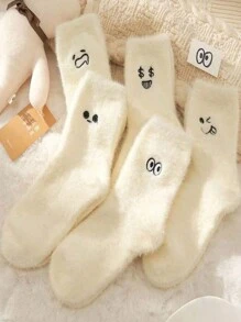 3 Paar weiße Socken für Frauen, warme Plüsch-Thermosocken mit süßen bestickten, witzigen Ausdrücken, zufälliger Stil, Herbst/Winter