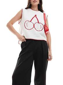 Womens Stylish Ribbed Knit Sweater Vests Cherry Lobster Contrast Hues Sleeveless Crew Neck Slim-Fitting Tank Tops