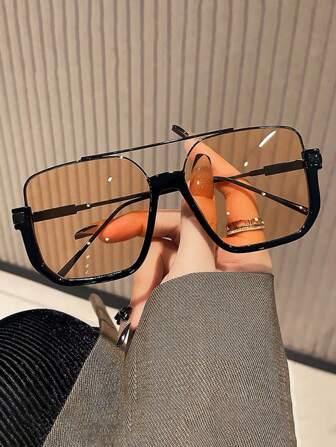 1 Pair Of Fashionable, Personalized Minimalist Square Glasses, Suitable For Daily Casual Wear For Summer Beach Vacation, Outdoor, Travel Shades Vintage Style Oversized Aviator Frame For Going Out Outfit,Back To School