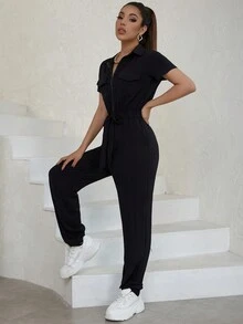 Women Flap Pocket Front Waist Bow Zipper Jumpsuit - Black - View 4
