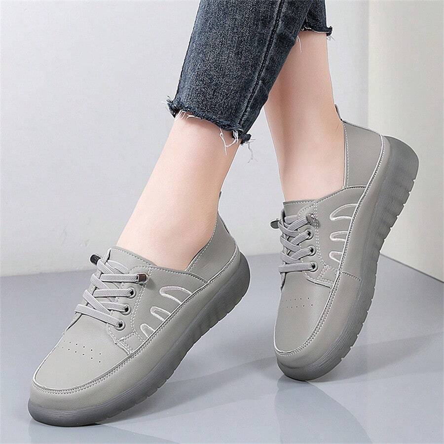 Women's Soft Sole Casual Slip-On Sneakers, Slouchy Loafers, Flat Vulcanized Rubber Sole Shoes, Spring/Autumn - Grey - View 1