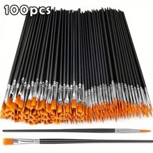 100pcs Black Nylon Hair Acrylic Paint Brushes With Flat And Round Tip, Suitable For Oil Painting, Watercolor, Face Art, Professional Set For Crafters, Acrylic, Oil, Watercolor, Canvas, Rock Art, Nail Art - Ideal For Artists And Hobbyists