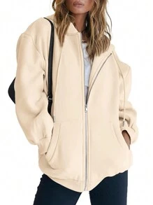 Women's Hoodie Fall Jacket Oversized Sweatshirt Casual Zipper Hoodie With Pockets - 卡其色 - 查看 1