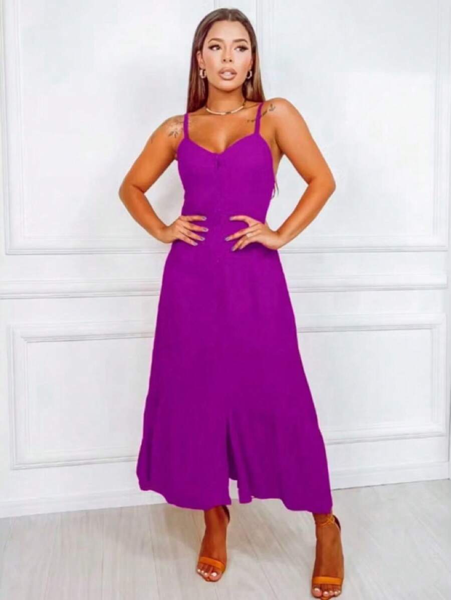 Long Crepe Dress With Padded Cups And Buttons H-1 - Lilac Purple - View 1