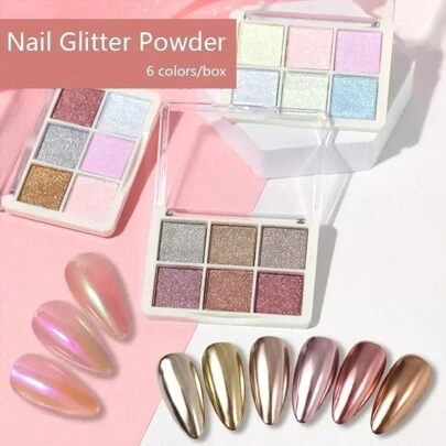 1包6色纯色魔镜美甲粉，纯金色粉，极光粉美甲魔镜粉，纯色镜面美甲粉