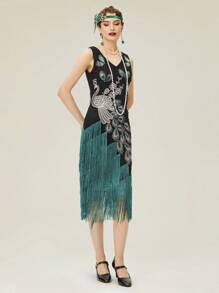 BABEYOND 1920s Vintage Peacock Sequined Dress Gatsby Fringed Flapper Dress Roaring 20s Party Dress - 黑色 - 查看 3