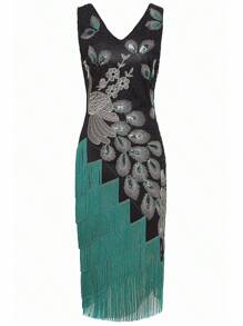 BABEYOND 1920s Vintage Peacock Sequined Dress Gatsby Fringed Flapper Dress Roaring 20s Party Dress - 黑色 - 查看 5