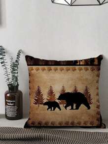 Buy 1 Get 1 Free, Total Of 2 PCS Rustic Bear Pillow Covers - Ultra-Soft Plush, Wildlife-Themed Design, Yellow & Brown, 18x18 Inch Couch Sofa Accent - Cozy Cabin Country Home Decor, No Pillow Insert