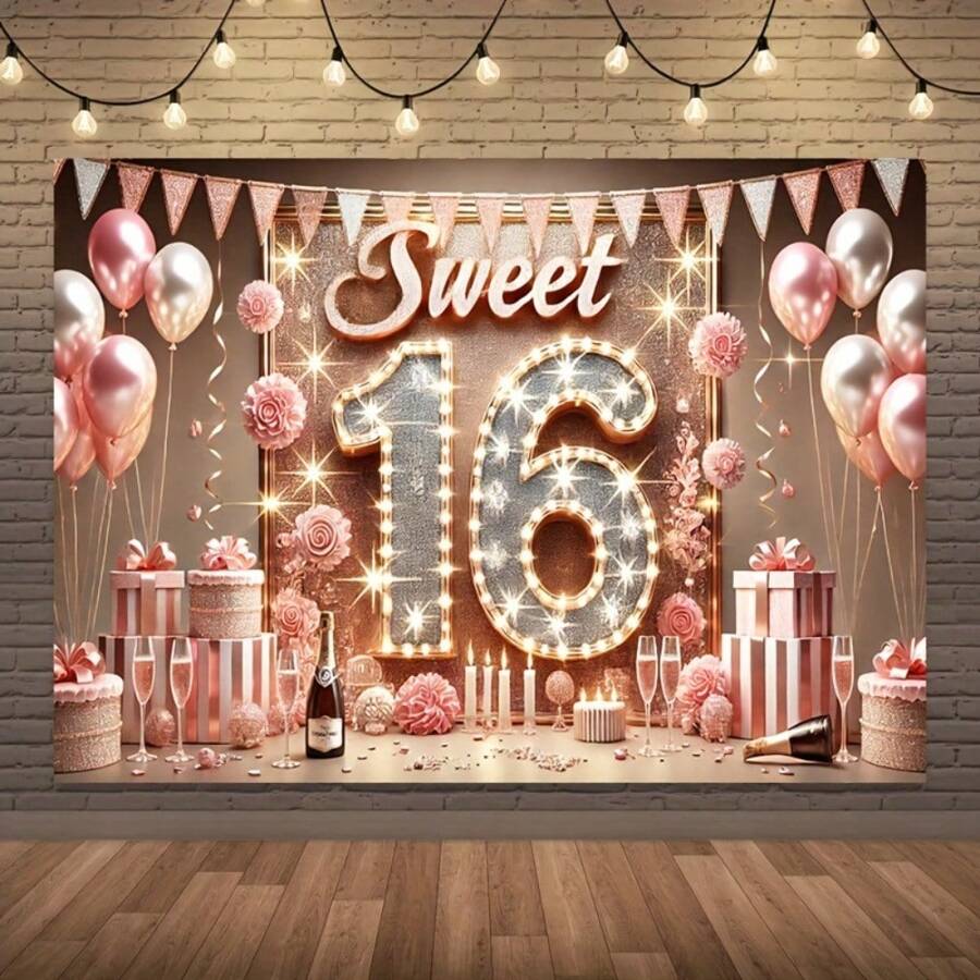 16 岁生日派对背景横幅 - 涤纶背景布，适用于 16 岁生日庆祝活动，可重复使用的活动用品，无需电力，包含 1 件