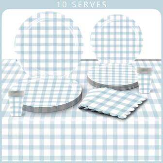 浅蓝白格子派对用品纸盘杯餐巾适用于格子野餐烧烤生日一次性餐具 10 人份