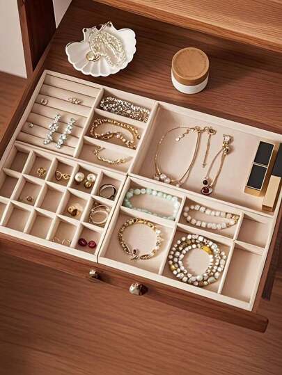 4pcs Beige Velvet Jewelry Tray Set, Large Capacity Stackable Jewelry Organizer Trays With Separate Compartments, Elegant Jewelry Display Tray, Portable Jewelry Stand, Grid Jewelry Tray, Jewelry Storage Tray