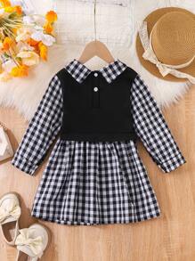 Stylish College Style 2 In 1 Heart Embroidery Plaid Print Dress, Spring/Autumn - Black - View 2