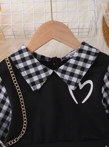 Stylish College Style 2 In 1 Heart Embroidery Plaid Print Dress, Spring/Autumn - Black - View 3