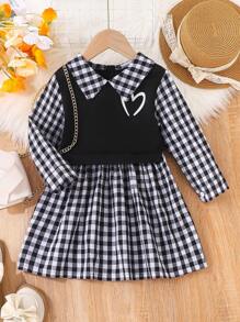 Stylish College Style 2 In 1 Heart Embroidery Plaid Print Dress, Spring/Autumn - Black - View 1