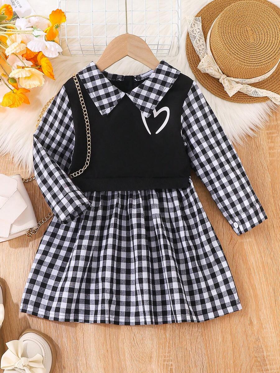 Stylish College Style 2 In 1 Heart Embroidery Plaid Print Dress, Spring/Autumn - Black - View 1