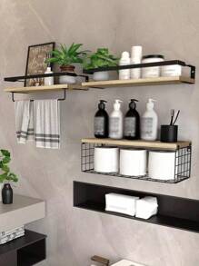 1 Set Of 2pcs/3pcs/4pcs Floating Shelves With Metal Frame, Bathroom Shelves With Metal Wire Storage Basket, Satisfying Your Decor And Organization Needs For Bathroom, Kitchen, Bedroom Wall Home Bathroom Decor Bathroom Organizer Fall Decor Back To School Bathroom - Multicolor - View 1