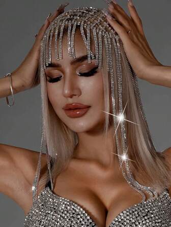 1pc Luxurious Long Tassel Headpiece, Rhinestone Hair Chain Headband, Shiny Bridal Tiara, Women's Crystal Hollow Hairband Accessory, Elegant Lady Party Decor, Great Gift For Friends And Mothers