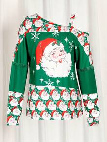 Santa Claus & Snowflake Graphic Asymmetrical Neck Casual T-Shirt, Spring And Autumn - Green - View 3