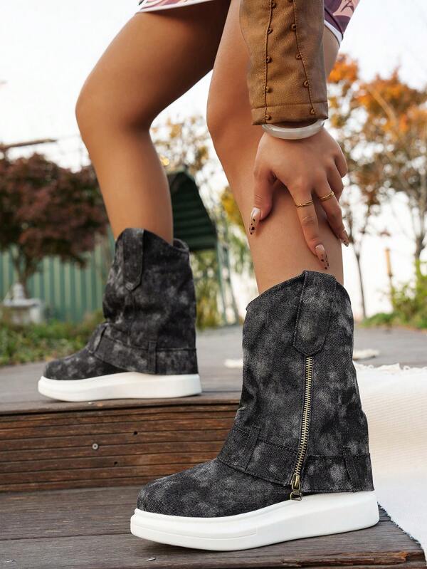 Stylish Women Mid-Calf Boots, Non-Slip Comfortable Slip-On Fashion Chunky Heel Ankle Boots, Western Style