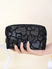 1pc New Heart-Shaped Mesh Makeup Bag, Black Minimalist Cosmetic Organizer, Multi-Functional Toiletry Bag Suitable For Makeup, Travel, Daily Use Summer Travel, Vacation Home Bathroom Decor Holiday Makeup Organizer Bathroom Accessories Back To School - Black - View 6