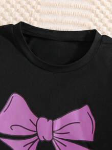 A 2 Pieces Elegant And Fashionable Girl's Air-Conditioned Room Round Neck Long Sleeved Home Outfit, Paired With A Bow Print Top And Pink Pants, Suitable For Children And Girls To Wear At Home In Spring, Summer, Autumn, And Winter