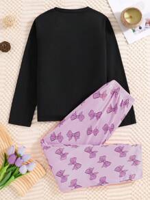 A 2 Pieces Elegant And Fashionable Girl's Air-Conditioned Room Round Neck Long Sleeved Home Outfit, Paired With A Bow Print Top And Pink Pants, Suitable For Children And Girls To Wear At Home In Spring, Summer, Autumn, And Winter