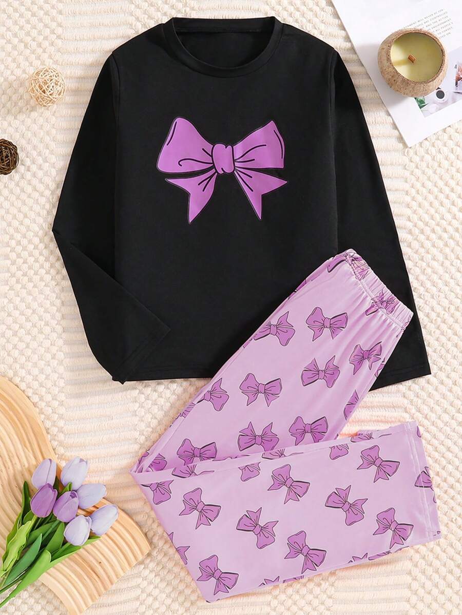 A 2 Pieces Elegant And Fashionable Girl's Air-Conditioned Room Round Neck Long Sleeved Home Outfit, Paired With A Bow Print Top And Pink Pants, Suitable For Children And Girls To Wear At Home In Spring, Summer, Autumn, And Winter