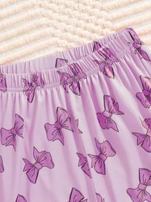 A 2 Pieces Elegant And Fashionable Girl's Air-Conditioned Room Round Neck Long Sleeved Home Outfit, Paired With A Bow Print Top And Pink Pants, Suitable For Children And Girls To Wear At Home In Spring, Summer, Autumn, And Winter