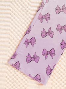 A 2 Pieces Elegant And Fashionable Girl's Air-Conditioned Room Round Neck Long Sleeved Home Outfit, Paired With A Bow Print Top And Pink Pants, Suitable For Children And Girls To Wear At Home In Spring, Summer, Autumn, And Winter