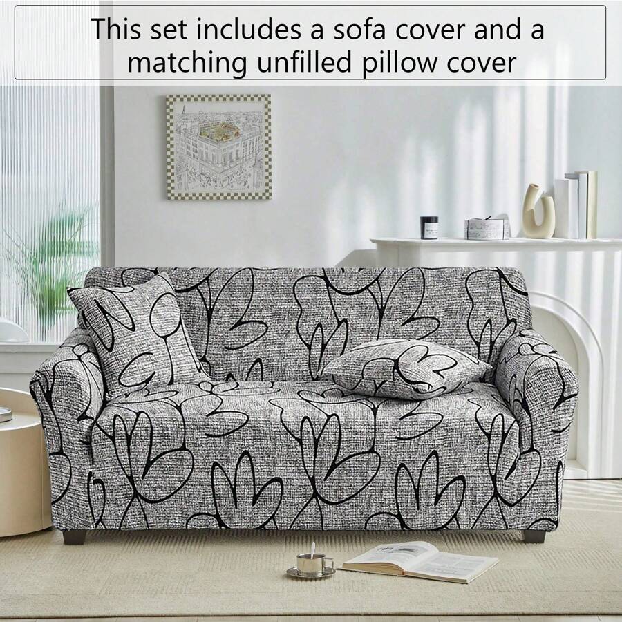 1pc Geometric Line Pattern Printed Four Seasons Universal Elastic Full Cover Sofa Slipcover And 1pc Pillowcase Without Filler - Multicolor - View 1