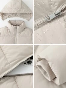 Women Puffer Jacket Hood Winter Water Repellent Wind-Resistant Ladies Classic Quilted Padded Coat Big Pocket - Cream - View 11