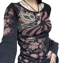 Women Y2k Shirt Vintage Print Long Sleeve Round Neck Fairy Slim Tops Club Grunge Streetwear - 黑色 - 查看 3