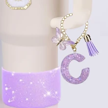 4件套A-Z杯子配件套装（30-40盎司） - 包括：1个吸管盖、1个字母挂饰、1个亮面硅胶杯底保护垫、1个杯子字母贴纸 - 紫色 - 查看 3