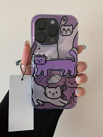 1pc Compatible With IPhone 16PROMAX 11 12 13PROMAX 14PROMAX 15, Funny Cat & Purple Cat Folding Phone Stand Phone Case Waterproof Shockproof Anti-Fall Scratch Resistant
