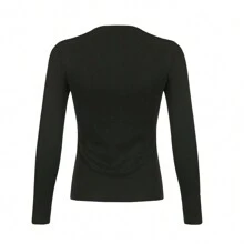 Women Y2k Shirt Vintage Print Long Sleeve Round Neck Fairy Slim Tops Club Grunge Streetwear - 黑色 - 查看 5