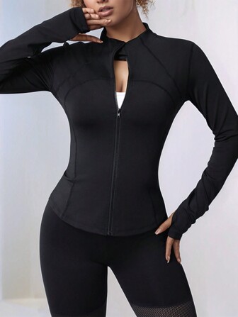 Plus Size Zip-Up Long Sleeve Sports Jacket For Women, Tight Fit, Thumbhole Cuff, Fitness Yoga Running Activewear Outerwear