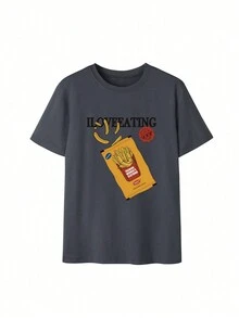 Grey Women's Casual Round Neck Potato Chip Pattern English Print Short Sleeve T-Shirt, New For Spring/Summer - Dark Grey - View 3