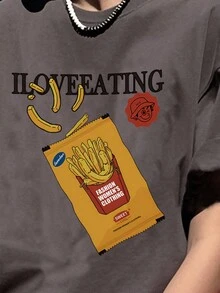 Grey Women's Casual Round Neck Potato Chip Pattern English Print Short Sleeve T-Shirt, New For Spring/Summer - Dark Grey - View 6