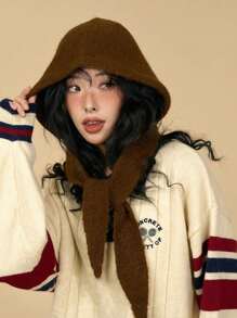 1pc Little Red Riding Hood Autumnwinter Warm Balaclava Fairy Tale Knitted Bib Hat In One - Coffee Brown - View 2