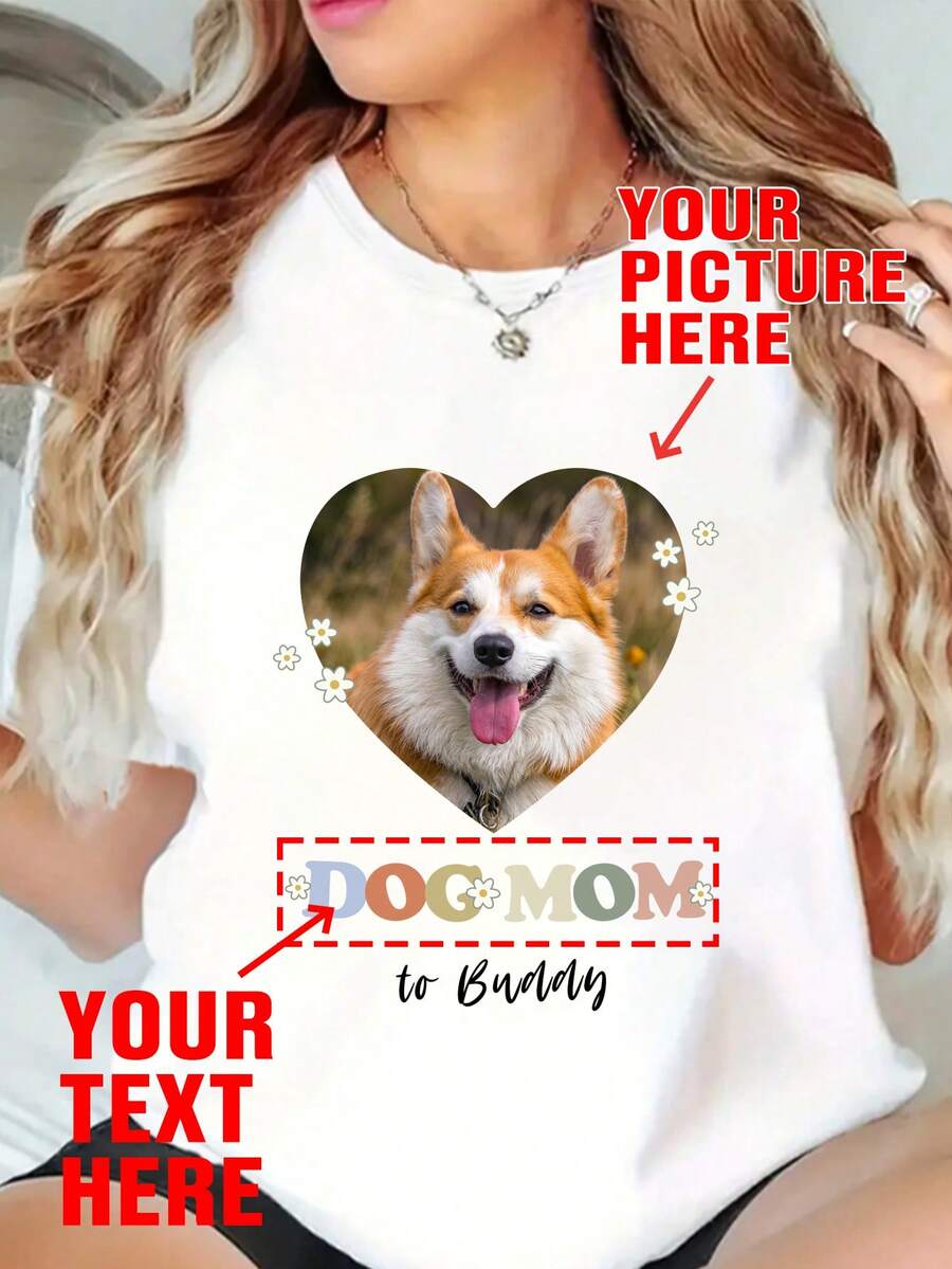 Personalized Loose Fit T-Shirt, Custom Print Photo Of Friends/Partners/Family/Pets, Family Gathering Group Uniform, Wedding Gift, Mother's Day Gift, Best Friend Gift, Anniversary Gift, Valentine's Day Gift, Gift For Her, Black Top, Autumn Clothing, Fall Shirt, Women's Top - White - View 1