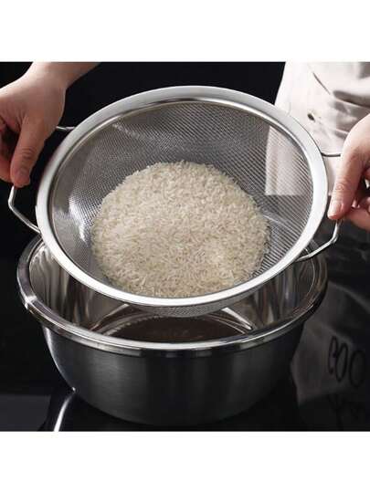 一套不锈钢滤网 - 耐用金属滤网，配有舒适手柄，适用于过滤意面、蔬菜、米饭和水果 - 细网眼，厨房必备品