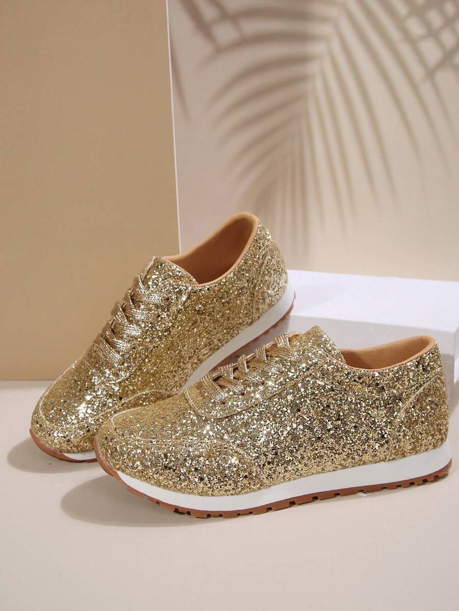 全新品牌优质大码平底休闲运动平底鞋，采用闪亮亮片细带设计，欧美风格 - 金色 - 查看 1