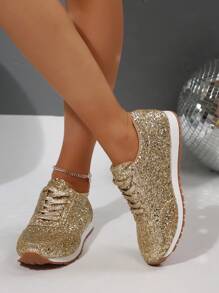 全新品牌优质大码平底休闲运动平底鞋，采用闪亮亮片细带设计，欧美风格 - 金色 - 查看 7