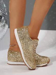 全新品牌优质大码平底休闲运动平底鞋，采用闪亮亮片细带设计，欧美风格 - 金色 - 查看 8