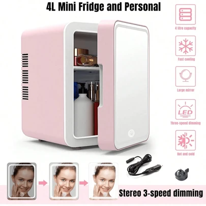4升迷你美妆冰箱，带可调节LED灯镜，双重制冷，可存放化妆品和食物，便携式迷你冰箱，适用于卧室、办公室和汽车使用。